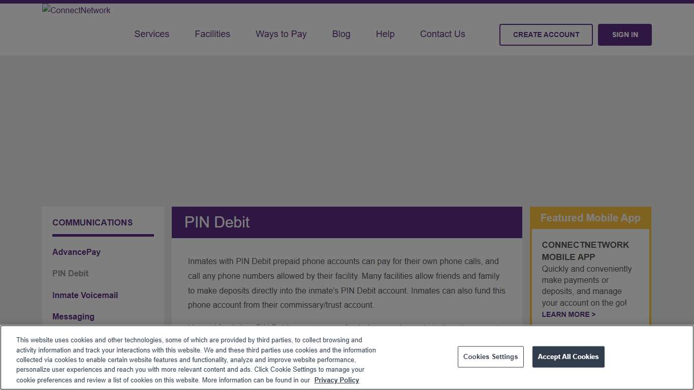 ConnectNetwork PIN Debit | Inmate prepaid phone account