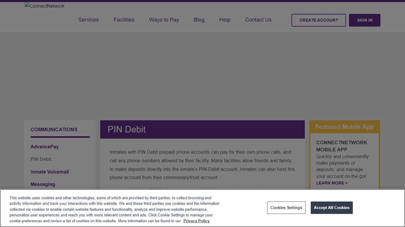 ConnectNetwork PIN Debit | Inmate prepaid phone account