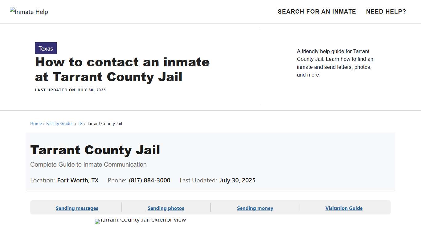 How to contact an inmate at Tarrant County Jail - Inmate Help